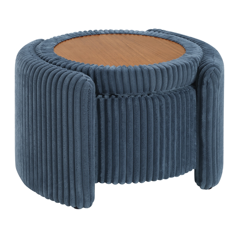 Scranton & Co Blue Cord Fabric Round Storage Ottoman with Mango Wood Top