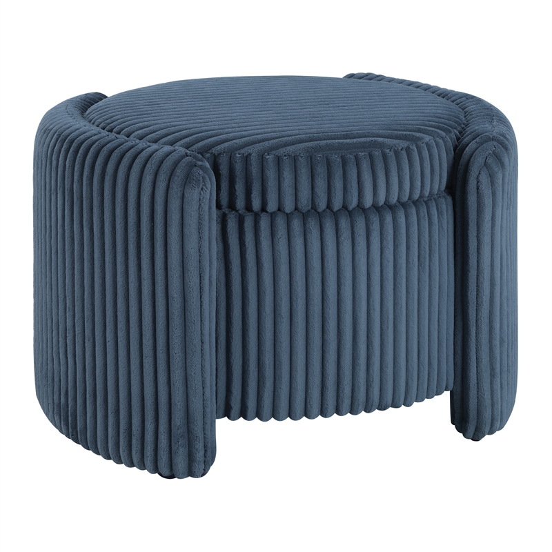 Scranton & Co Blue Cord Fabric Round Storage Ottoman with Mango Wood Top