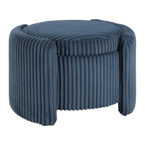 Scranton & Co Blue Cord Fabric Round Storage Ottoman with Mango Wood Top