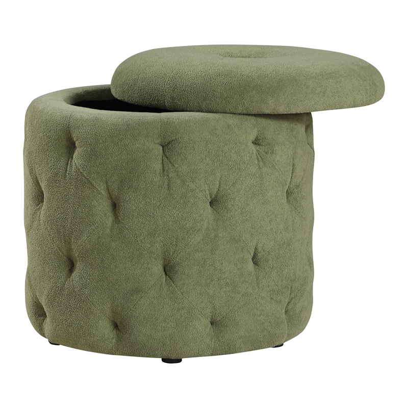 Scranton & Co Moss Green Fabric Round Diamond Tufted Storage Ottoman