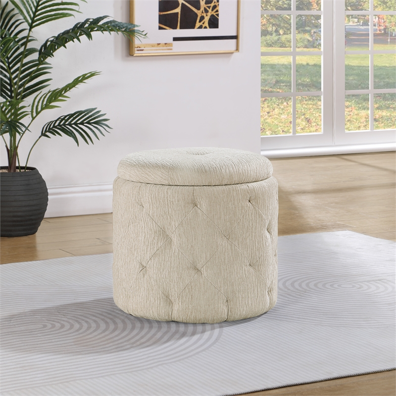 Scranton & Co Round Storage Ottoman in Linen Cream Fabric with Lift-Off Top