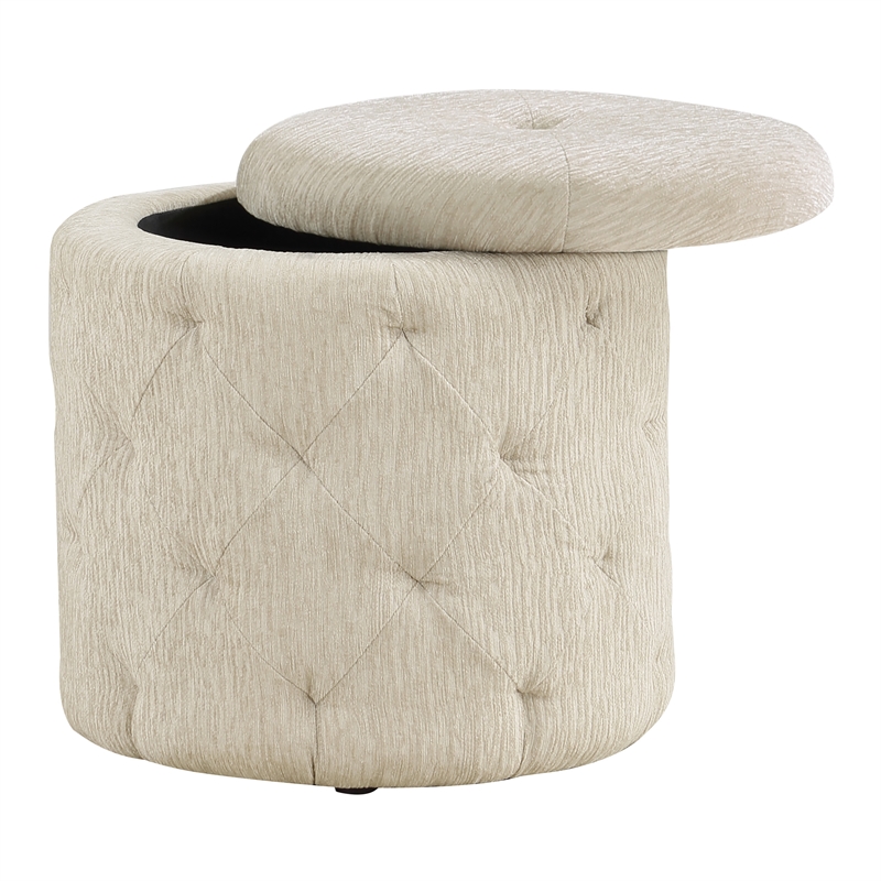 Scranton & Co Round Storage Ottoman in Linen Cream Fabric with Lift-Off Top