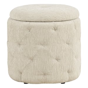 Scranton & Co Round Storage Ottoman in Linen Cream Fabric with Lift-Off Top
