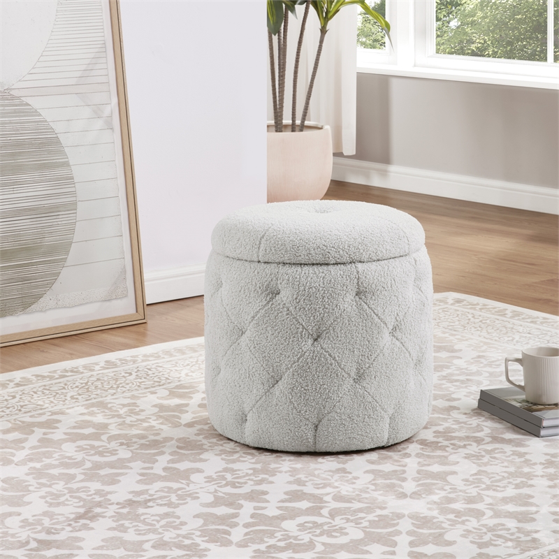 Scranton & Co Round Storage Ottoman in Sherpa Fog Gray Fabric with Lift-Off Top
