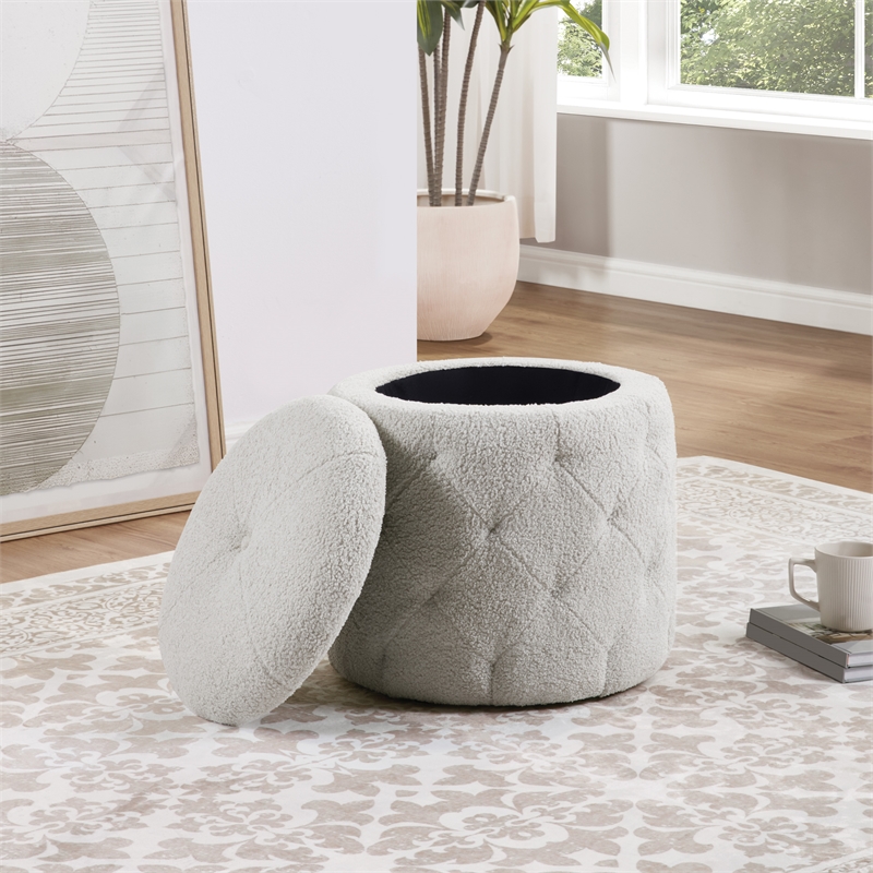 Scranton & Co Round Storage Ottoman in Sherpa Fog Gray Fabric with Lift-Off Top