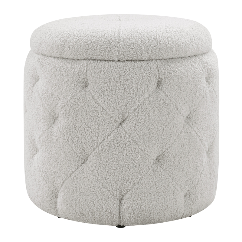 Scranton & Co Round Storage Ottoman in Sherpa Fog Gray Fabric with Lift-Off Top