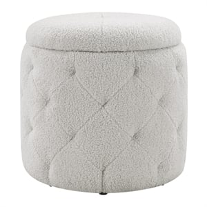 Scranton & Co Round Storage Ottoman in Sherpa Fog Gray Fabric with Lift-Off Top
