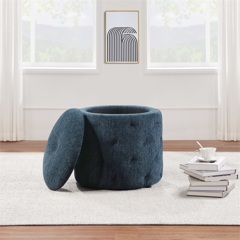 Scranton & Co Round Storage Ottoman in Indigo Fabric with Lift-Off Top