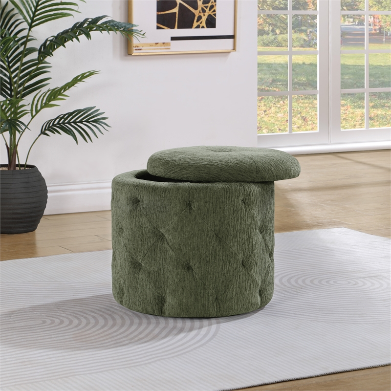 Scranton & Co Round Storage Ottoman in Pine Green Fabric with Lift-Off Top