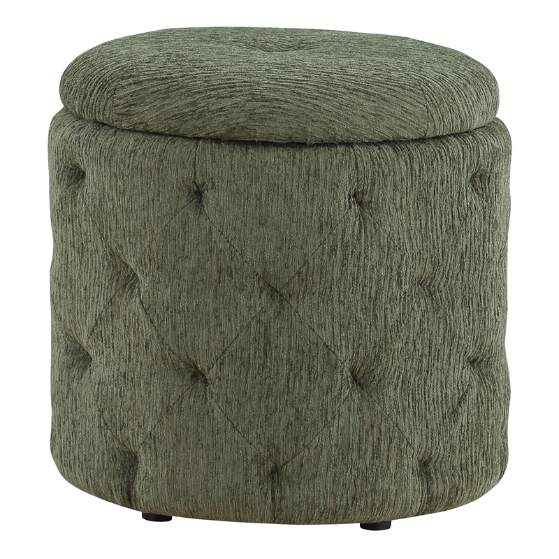Scranton & Co Round Storage Ottoman in Pine Green Fabric with Lift-Off Top