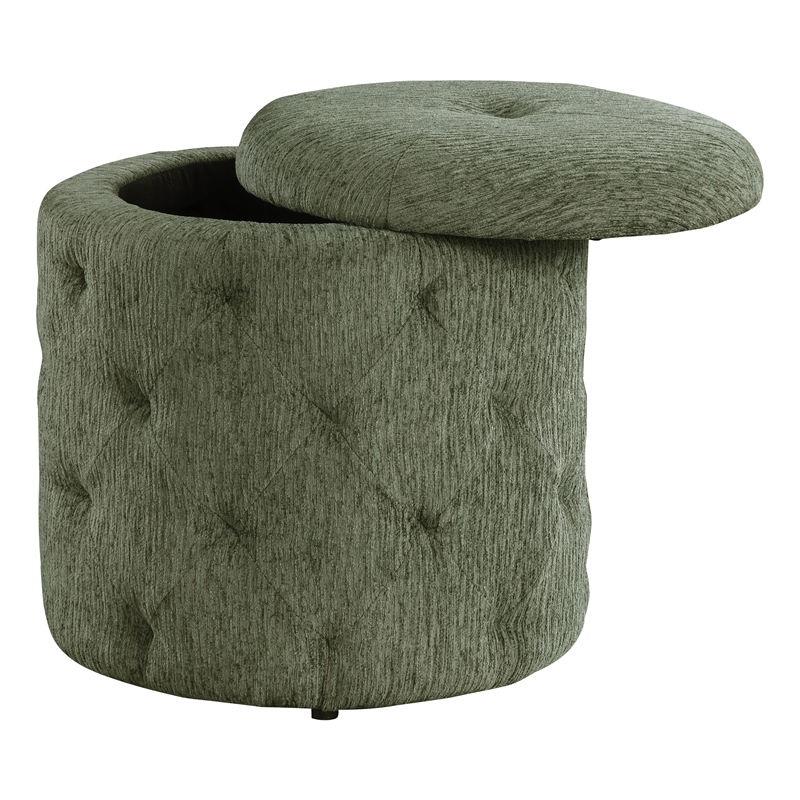 Scranton & Co Round Storage Ottoman in Pine Green Fabric with Lift-Off Top