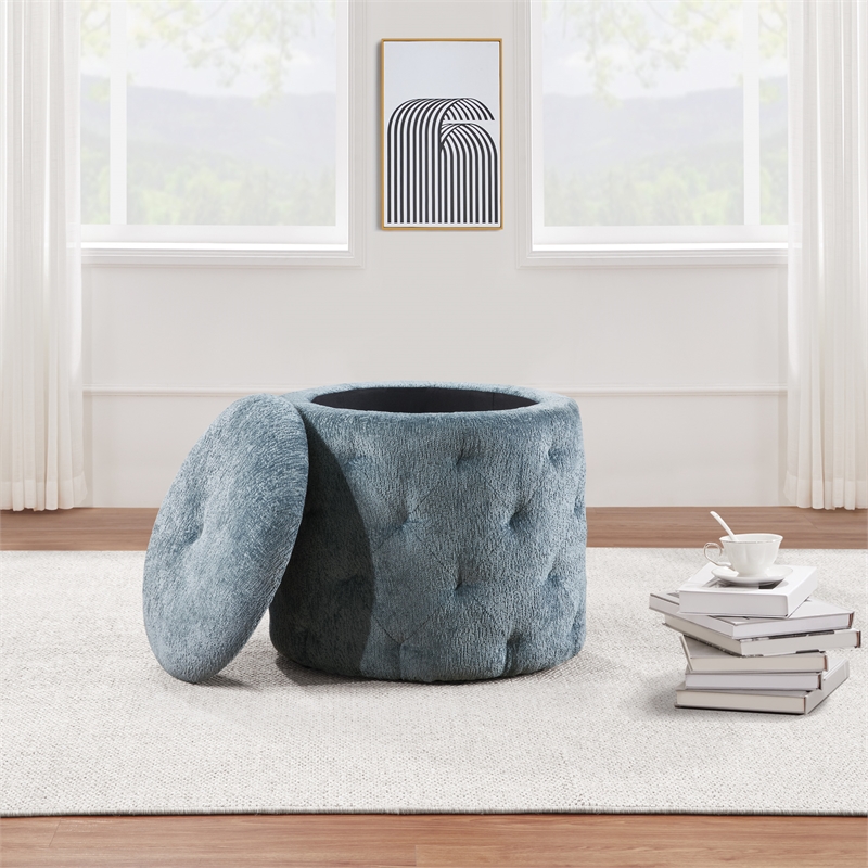 Scranton & Co Round Storage Ottoman in Sky Blue Fabric with Lift-Off Top