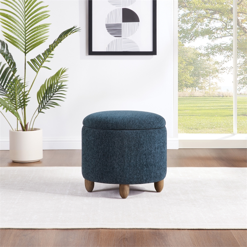 Scranton & Co Round Storage Ottoman in Indigo Fabric with Medium Oak Legs