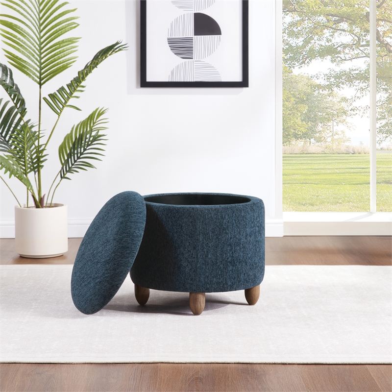 Scranton & Co Round Storage Ottoman in Indigo Fabric with Medium Oak Legs