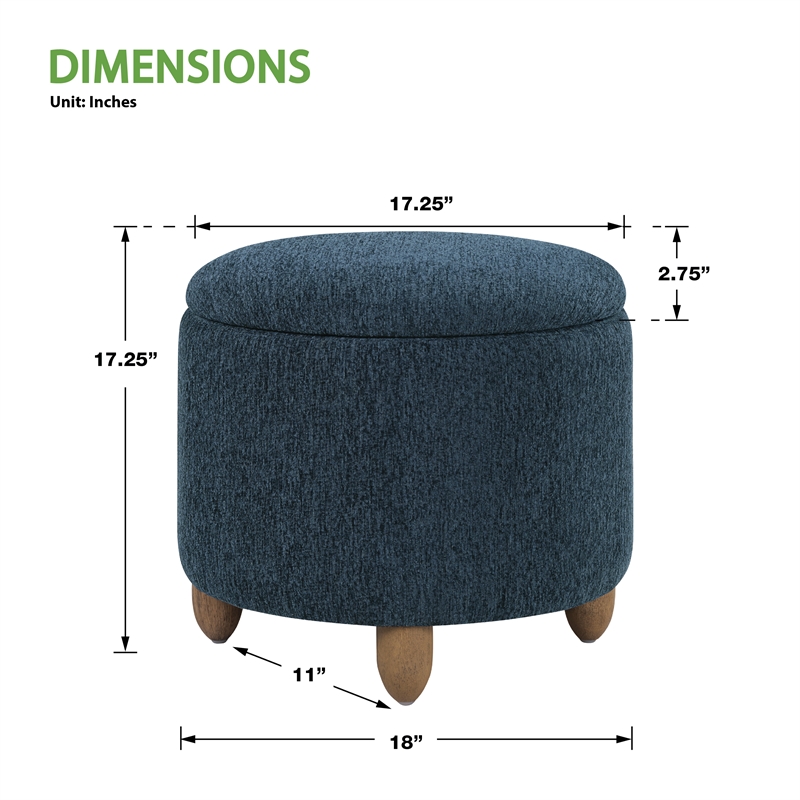 Scranton & Co Round Storage Ottoman in Indigo Fabric with Medium Oak Legs