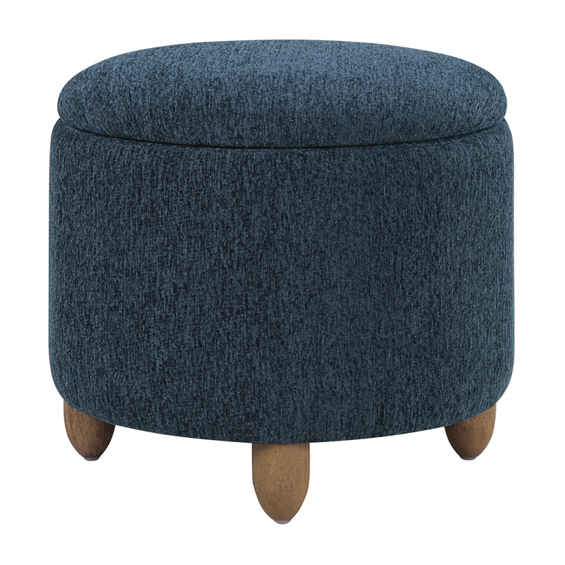 Scranton & Co Round Storage Ottoman in Indigo Fabric with Medium Oak Legs