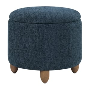 Scranton & Co Round Storage Ottoman in Indigo Fabric with Medium Oak Legs