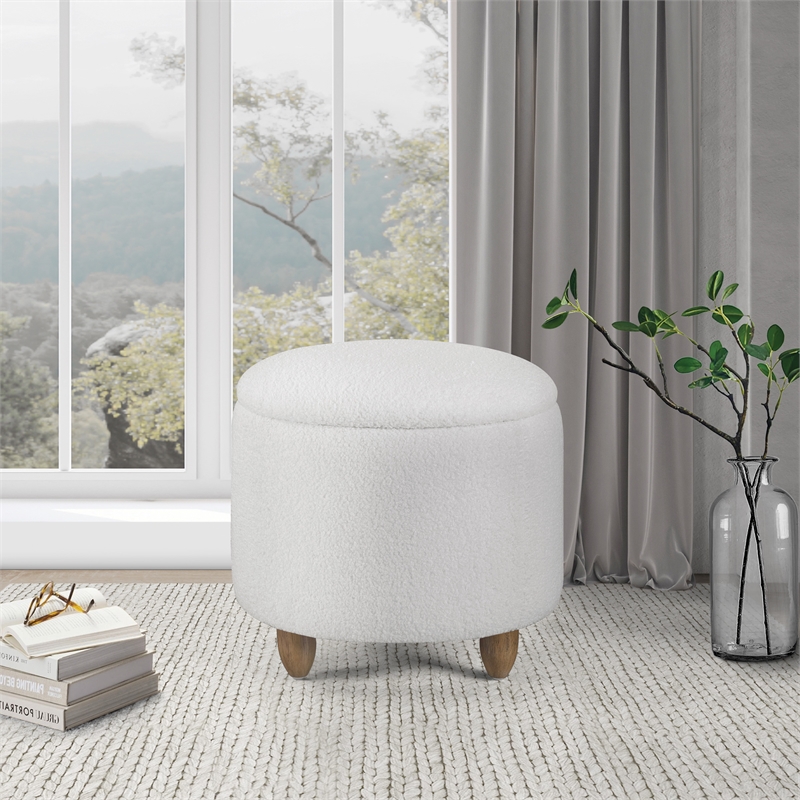 Scranton & Co Round Storage Ottoman in Ivory Sherpa with Medium Oak Legs