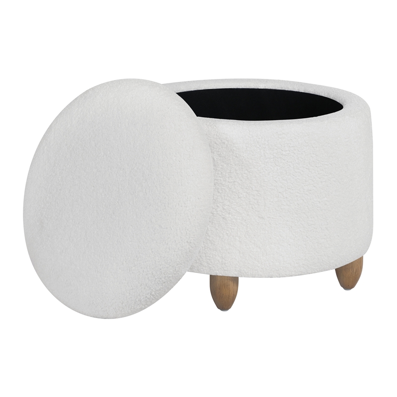 Scranton & Co Round Storage Ottoman in Ivory Sherpa with Medium Oak Legs