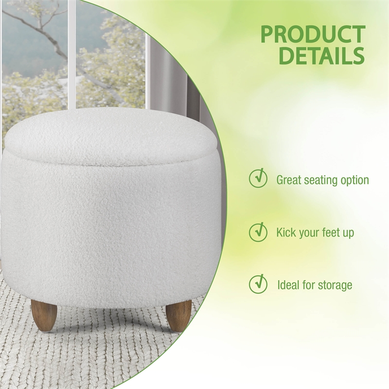 Scranton & Co Round Storage Ottoman in Ivory Sherpa with Medium Oak Legs