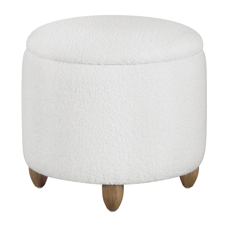 Scranton & Co Round Storage Ottoman in Ivory Sherpa with Medium Oak Legs
