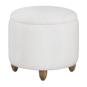 Scranton & Co Round Storage Ottoman in Ivory Sherpa with Medium Oak Legs