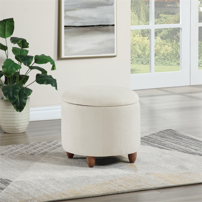 Scranton & Co Round Storage Ottoman in Snow White with Medium Oak Legs