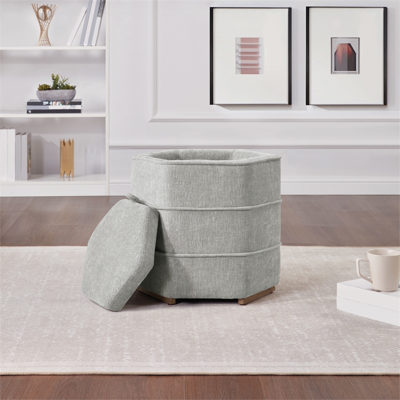 Scranton & Co Fog Gray Fabric 6-Sided Hexagon Storage Ottoman Assembled