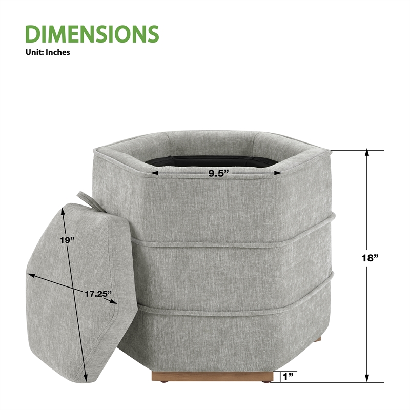 Scranton & Co Fog Gray Fabric 6-Sided Hexagon Storage Ottoman Assembled