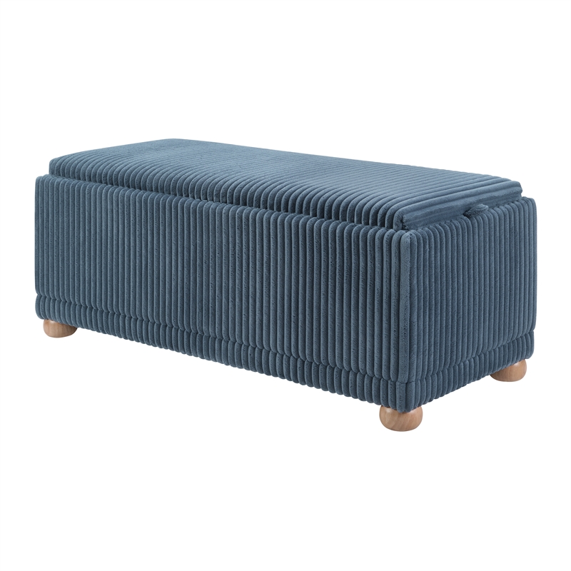 Scranton & Co Blue Cord Fabric Flip Top Tray Storage Bench Natural Wood