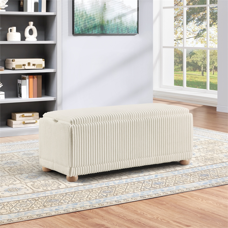 Scranton & Co White Cord Fabric Flip Top Tray Storage Bench Natural Wood