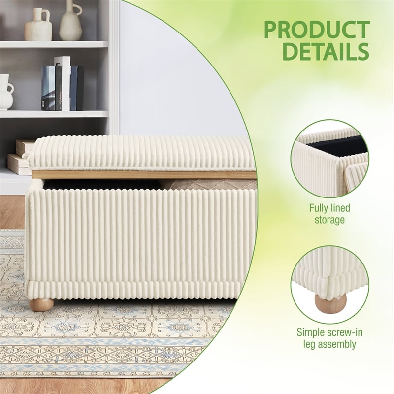 Scranton & Co White Cord Fabric Flip Top Tray Storage Bench Natural Wood