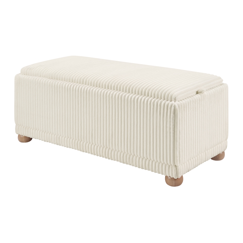 Scranton & Co White Cord Fabric Flip Top Tray Storage Bench Natural Wood