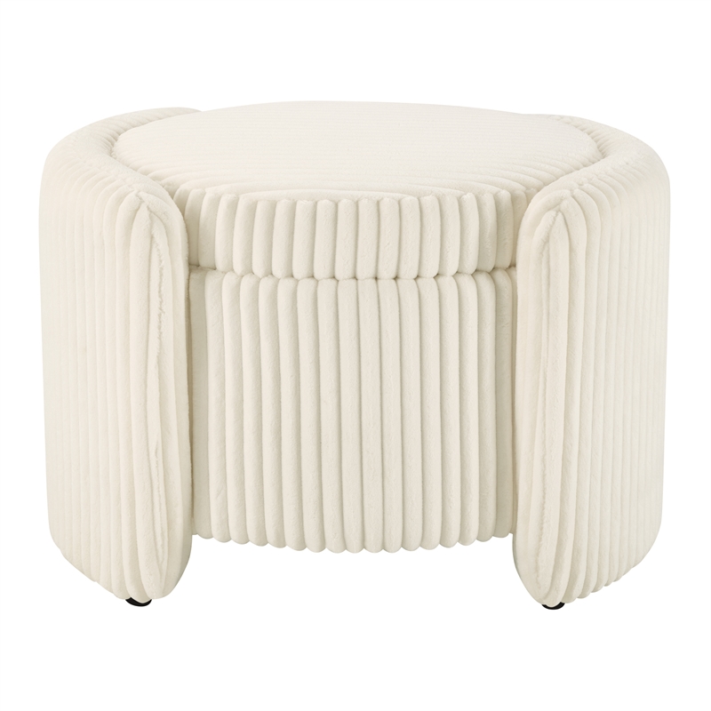 Scranton & Co White Fabric Round Storage Ottoman with Mango Wood Flip Top
