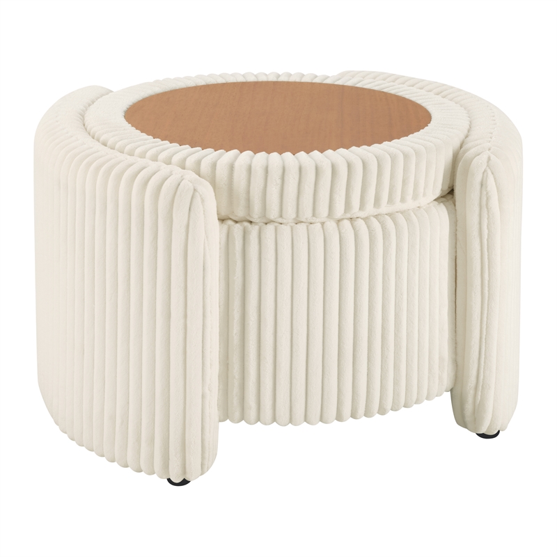 Scranton & Co White Fabric Round Storage Ottoman with Mango Wood Flip Top