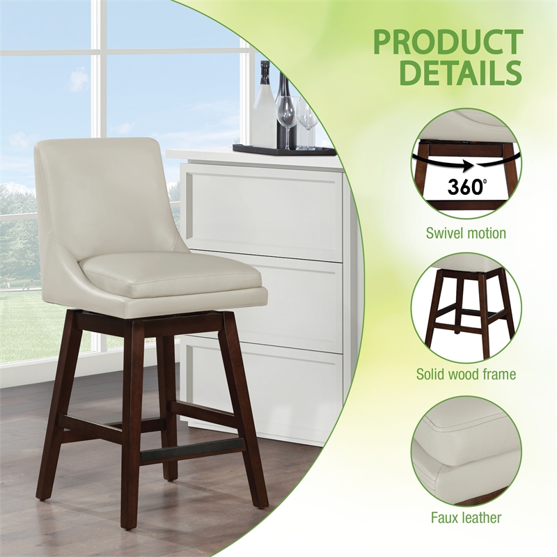 Scranton & Co Cream Faux Leather Swivel Counter Stool with Dark Walnut Legs