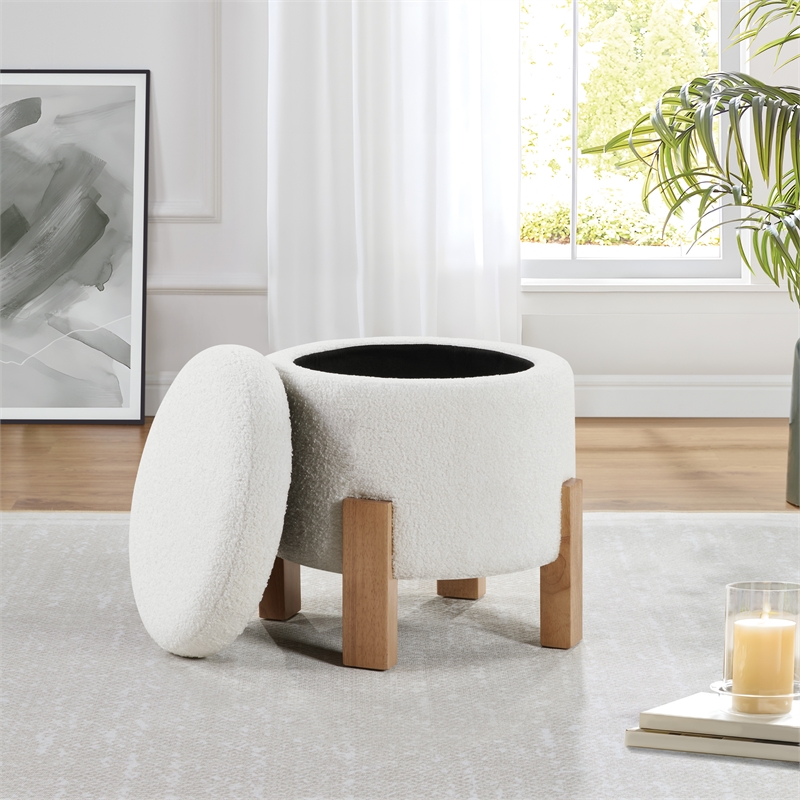 Scranton & Co Round Storage Ottoman in Ivory Sherpa with Natural Finish Legs