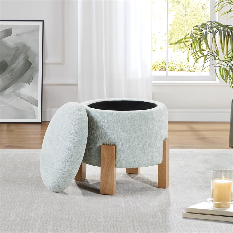 Scranton & Co Round Storage Ottoman in Sky Blue Fabric with Natural Finish Legs