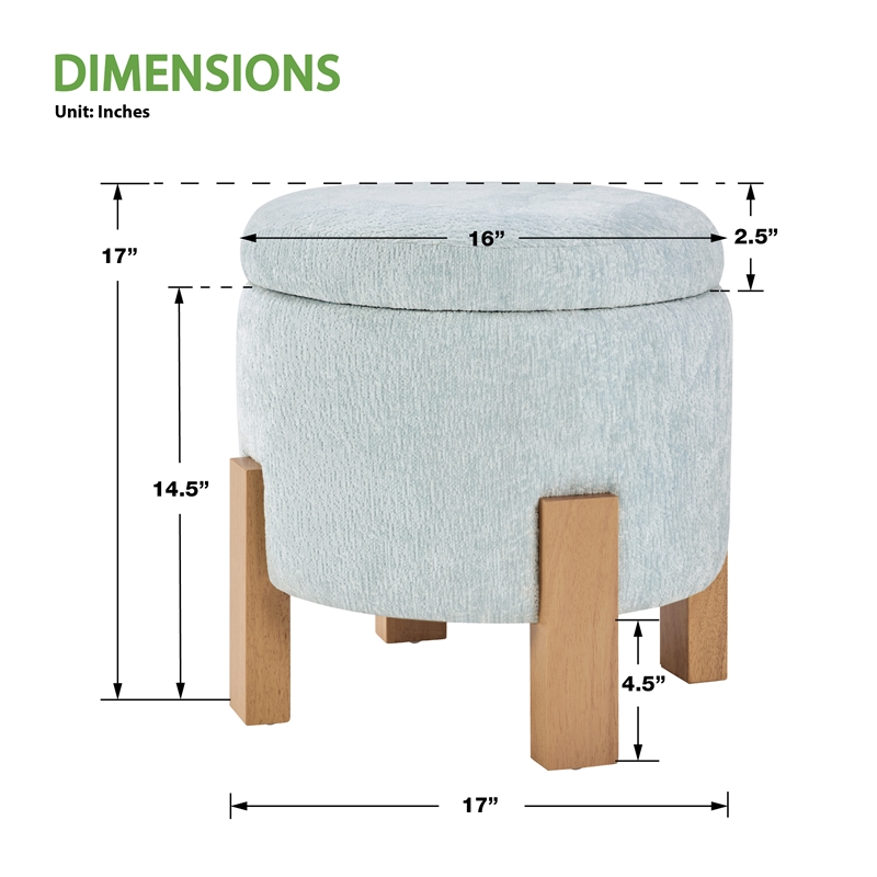 Scranton & Co Round Storage Ottoman in Sky Blue Fabric with Natural Finish Legs