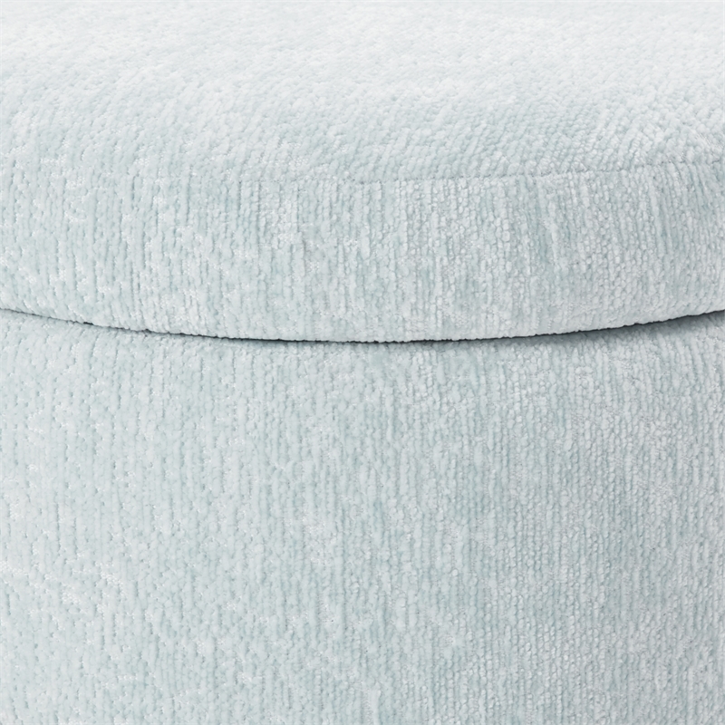 Scranton & Co Round Storage Ottoman in Sky Blue Fabric with Natural Finish Legs
