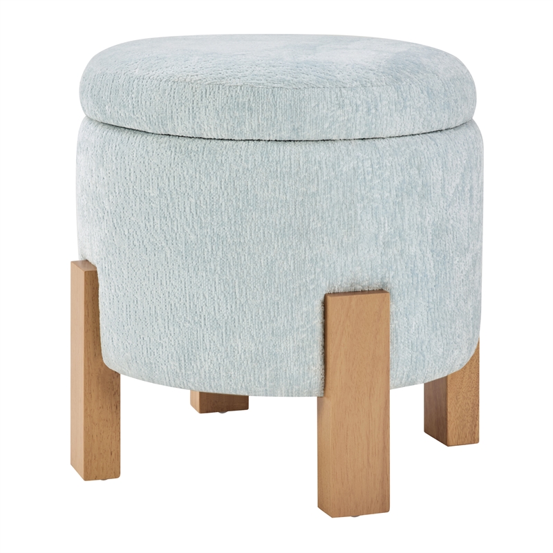 Scranton & Co Round Storage Ottoman in Sky Blue Fabric with Natural Finish Legs