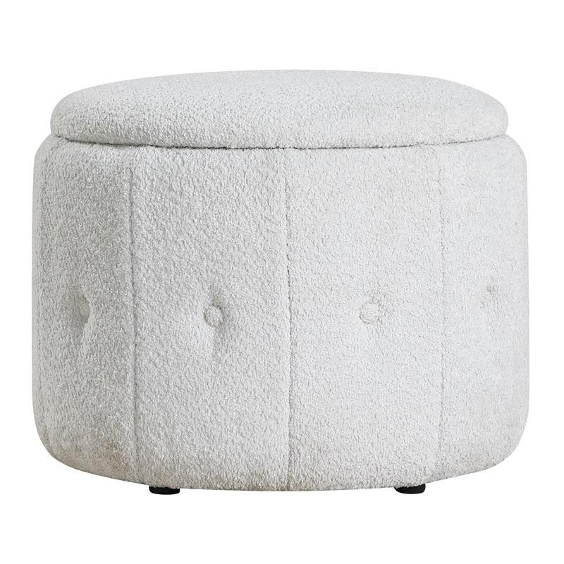 Scranton & Co Round Storage Ottoman in Sherpa Parchment Off White Fabric
