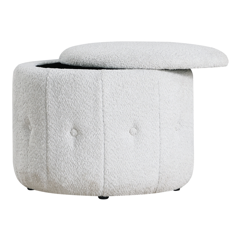 Scranton & Co Round Storage Ottoman in Sherpa Parchment Off White Fabric