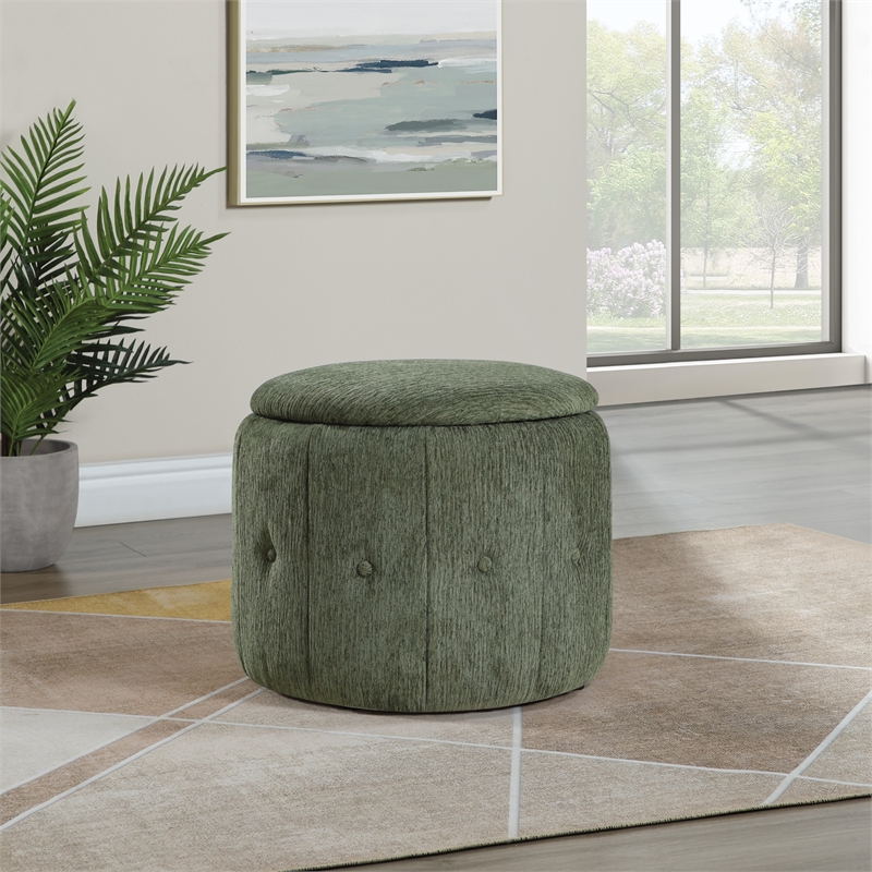 Scranton & Co Round Storage Ottoman in Pine Green Fabric with Padded Lid