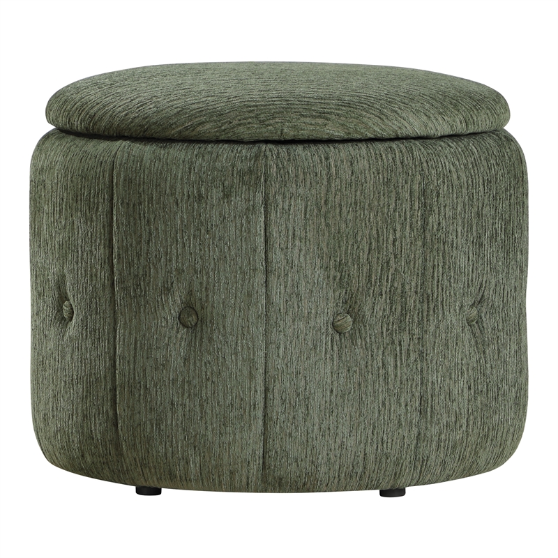 Scranton & Co Round Storage Ottoman in Pine Green Fabric with Padded Lid