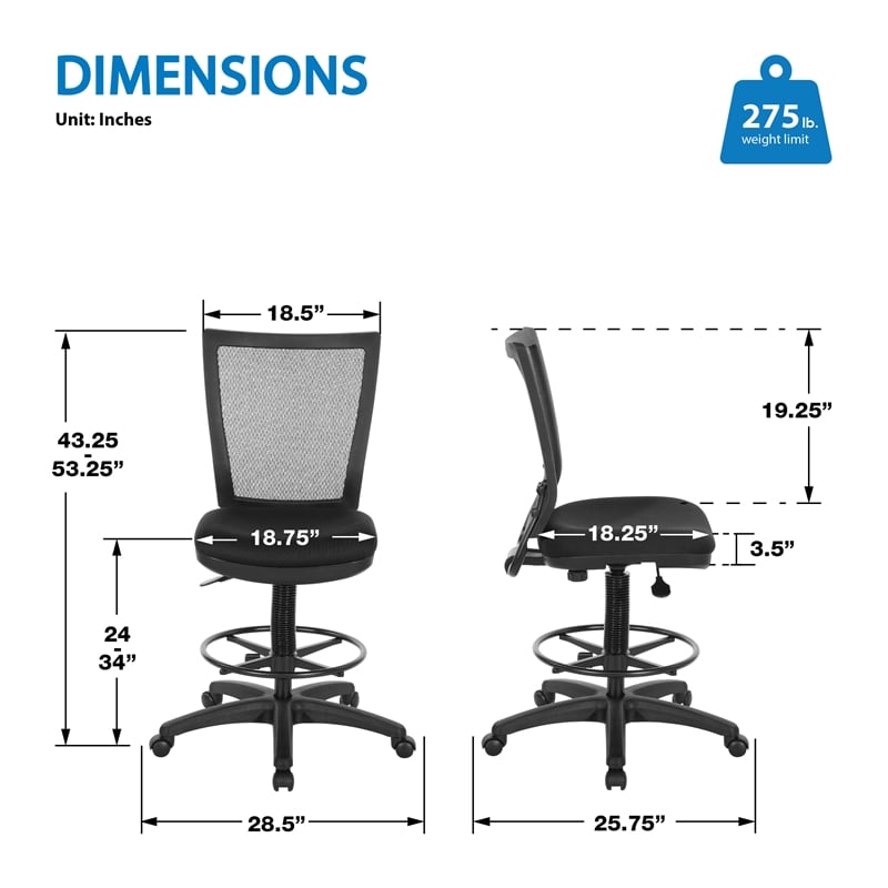 Scranton & Co ProGrid Mesh Back Drafting Chair in Black Coal Fabric Seat
