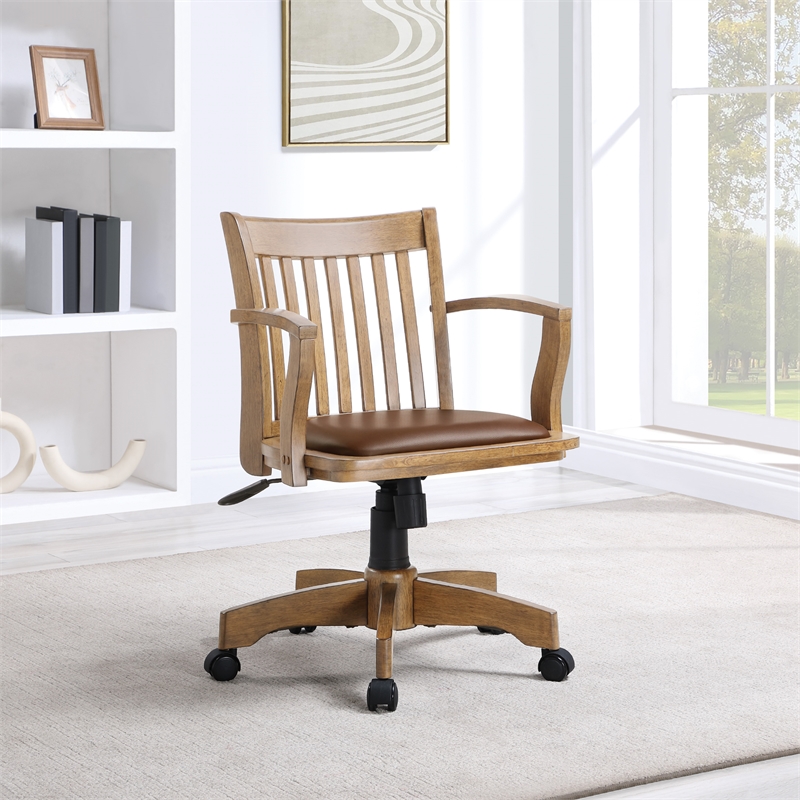 Scranton & Co Wood Bankers Chair Vinyl Padded Seat in Fruit Wood Brown