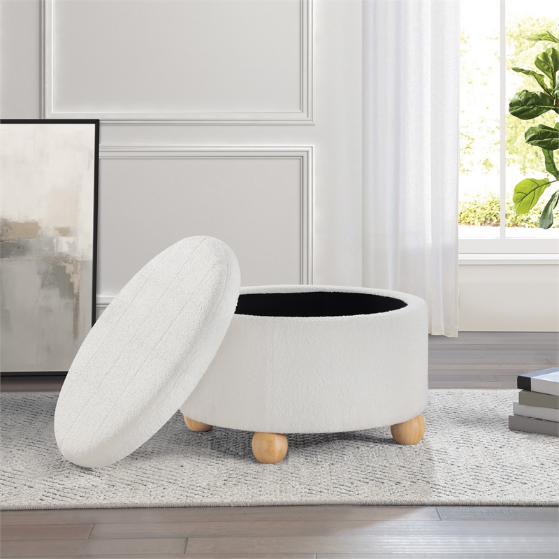 Scranton & Co Round Storage Ottoman in Ivory Sherpa with Wood Feet