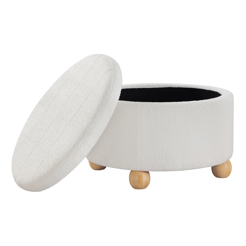 Scranton & Co Round Storage Ottoman in Ivory Sherpa with Wood Feet