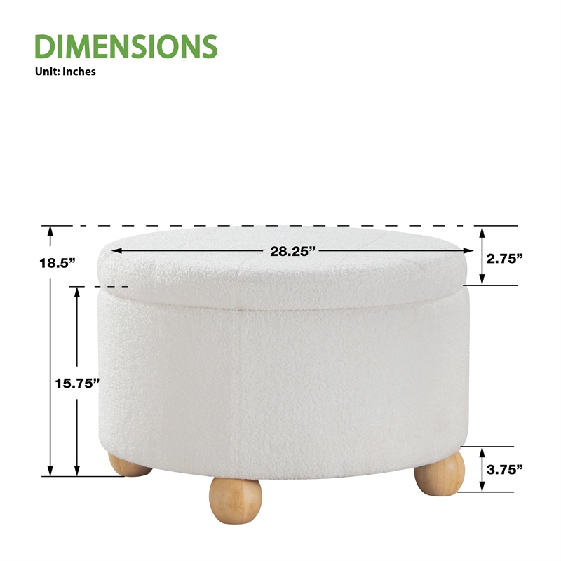 Scranton & Co Round Storage Ottoman in Ivory Sherpa with Wood Feet